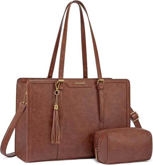 LOVEVOOK Laptop Bag for Women Vintage Leather Laptop Tote 17.3 inch Large Capacity Computer bag with Clutch Purse for Work