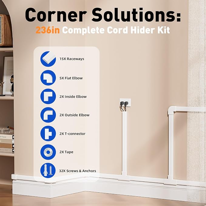 Delamu Cord Hider, 236in Cable Hider, Cord Covers for 2-3 Wires on Wall, Wire Covers for Cords, Wire Hiders for TV on Wall, Easier Setup Cable Cover Cable Management, W0.94 H0.47in,White - Image 3