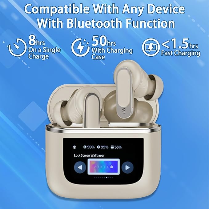 Acuvar Wireless Earbuds Bluetooth Headphones with LED Display, Stereo in Ear Noise Canceling Waterproof USB-C Headphones with Mic for iPhone Android iOS (White)