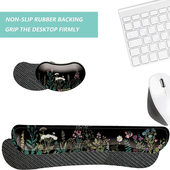 Keyboard Wrist Rest Mouse Wrist Support Set, Memory Foam Wrist Rest Pad for Computer Laptop Keyboard Mouse, Ergonomic Wrist Cushion Support for Typing Pain Relief, Gaming Home Office, Flowers Grass