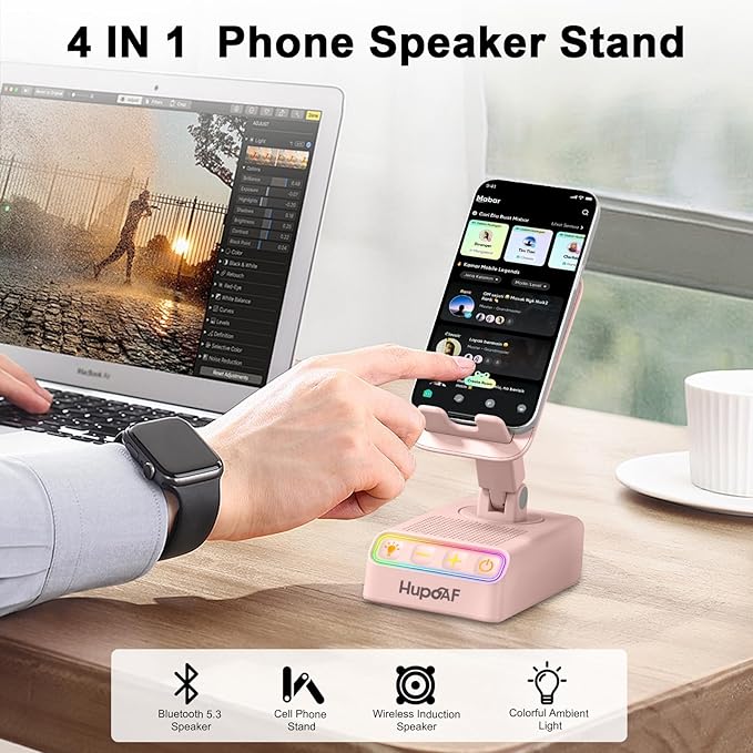 Adjustable Cell Phone Stand with Wireless Induction Bluetooth Speaker, HD Surround Sound for Home and Outdoors, Compatible with iPhone/Samsung Galaxy, 2026 Birthday Gifts for Men Women Dad Mom