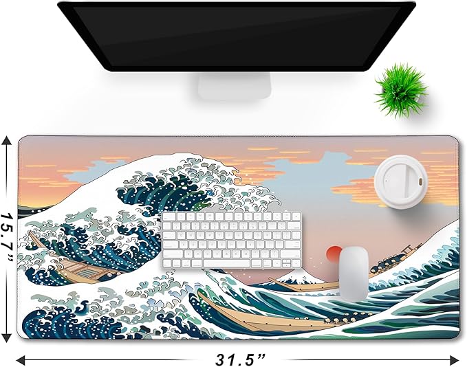 Japanese Large Mouse Pad, DeskMat Office Desk Pad, Extended Large MouseMat for PC, Stitched Edges Gamer Mousepad 31.5 X 15.7 Inch Long Mice Pad, Sunset Sea