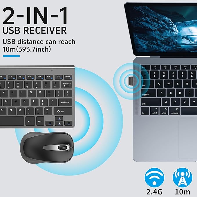Compact Wireless Keyboard Mouse Combo, Mini Portable Travel Keyboard and Silent Mouse Set with USB Receiver, Quiet Click, Small Size, Adjustable 2400 DPI for Computer, Laptop, PC, Windows, Mac