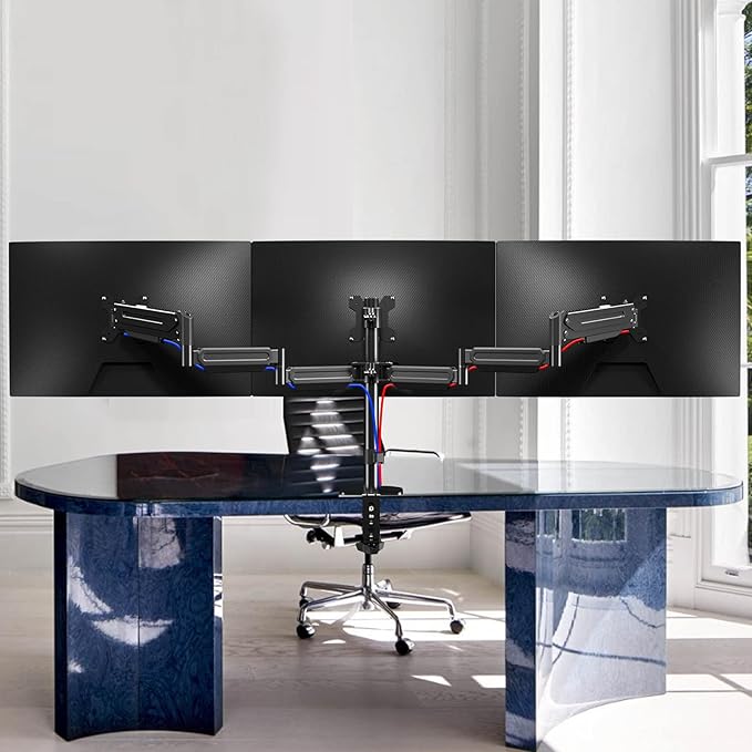 Pholiten Triple Monitor Mount for Desk, 2 Gas Spring Monitor Arms for 17-32 inches Screen, Fully Adjustable Heavy Duty Monitor Mount with Clamp & Grommet Mounting, Each Arm Holds 22 lbs