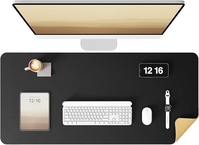 YSAGi Double-Sided Desk Pad, 31.5"x15.7"Leather Desk Mat, Eco Cork Desk Pad Protector,Large Mouse Pad,Waterproof Desk Blotter for Office/Home(Black)