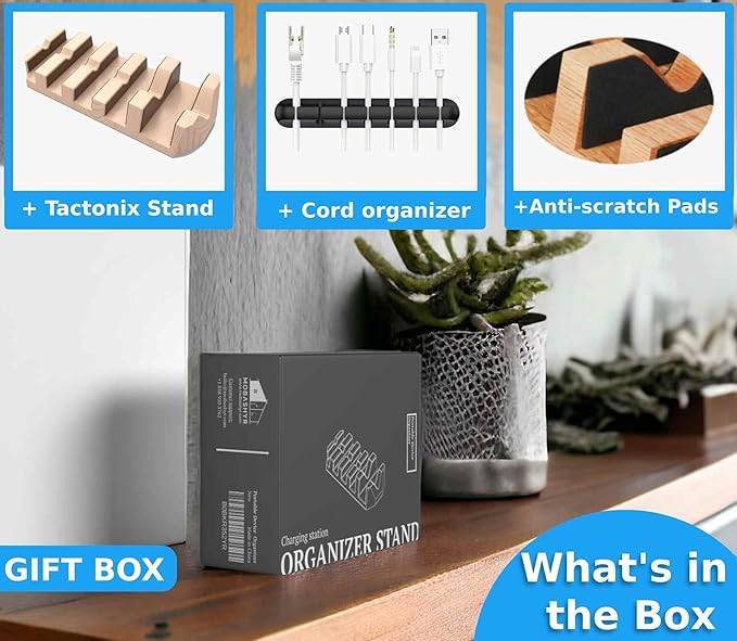 Oak Multi-Device Organizer with Cord Organizer and Anti-Scratch Pads Accessories Set – Vertical Stand for Laptops, Tablets, Phones, and external Hard Drives – Desk station Dock for Home Office