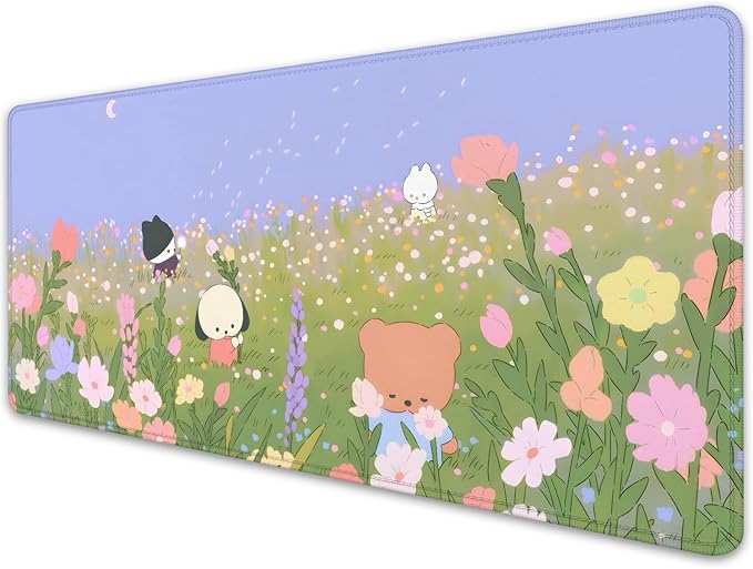 Flower Desk Pad Mouse Pad，Large Cartoon Cute Mouse Pads with Stitched Edges,Non-Slip Waterproof Rubber Base,Kawaii Nature Desk Mat for Desktop,Keyboard Pad for Office Home Work(27.5X11.8 in)