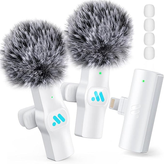 2pcs Lavalier Wireless Microphone for iPhone iPad Video Recording,Mini Microphone for Game Live Streaming,interviews,YouTube,TikTok,Vlog(White)