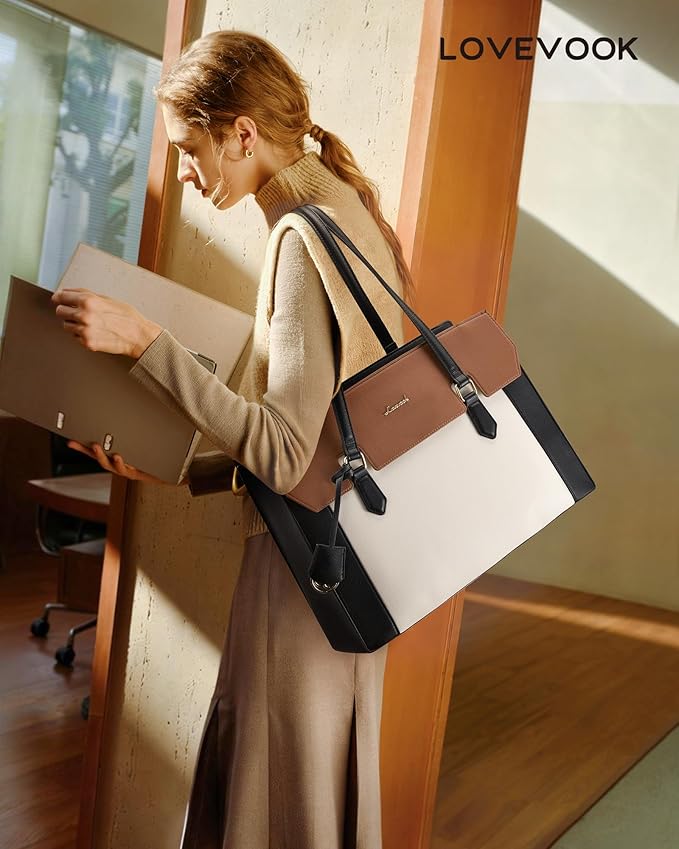 LOVEVOOK Laptop Tote Bag for Women,Computer Work Bag With Large Cup Holder,15.6 Inch Waterproof PU Leather Purse Briefcase for Teacher