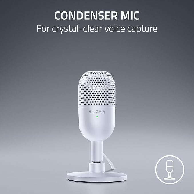 Razer Seiren V3 Mini USB Microphone: Condenser Mic - Supercardioid Pickup Pattern - Tap-to-Mute Sensor with LED Indicator - Shock Absorber - Ultra Compact - PC, Discord, OBS Studio, XSplit - White