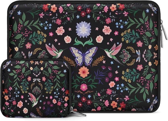 MOSISO Laptop Case 13.3 inch, 13-14 inch Laptop Sleeve Bag Compatible with MacBook Air/Pro 13/Pro 14, HP Dell Acer ASUS Lenovo, Neoprene Hummingbird Plants Flowers Computer Bag with Small Case, Black