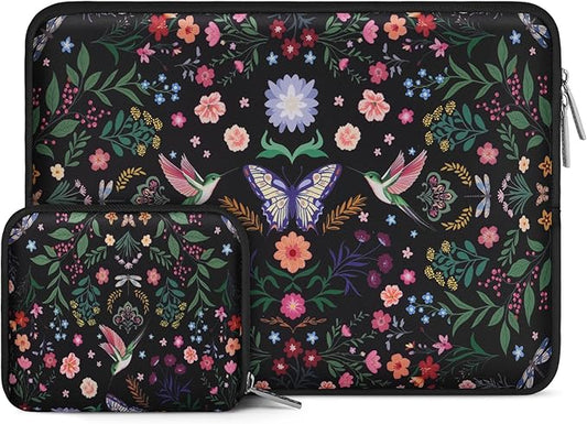 MOSISO Laptop Case 13.3 inch, 13-14 inch Laptop Sleeve Bag Compatible with MacBook Air/Pro 13/Pro 14, HP Dell Acer ASUS Lenovo, Neoprene Hummingbird Plants Flowers Computer Bag with Small Case, Black
