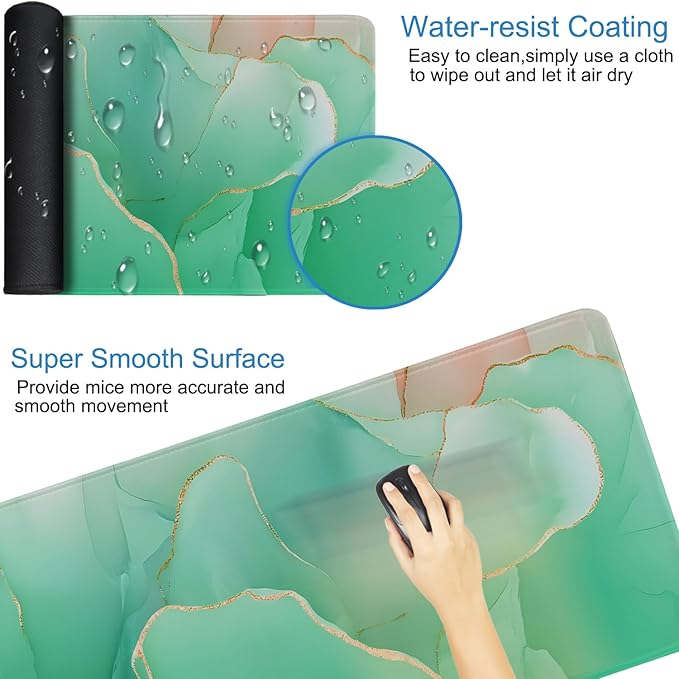 Large Mouse Pad 31.5 x 11.8 in, Gaming Mousepad with Stitched Edges, Premium Microfiber Cloth Surface, Waterproof Non-Slip Base Keyboard Desk Mat for Home Office Gaming, Marble Green