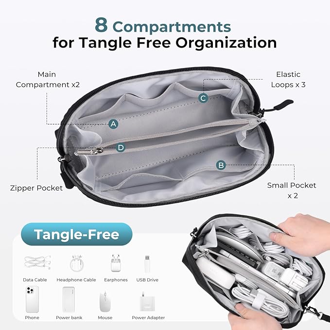 FYY Travel Cable Organizer - 8 Compartments Lightweight Water Resistant Tech Pouch with Wrist Strap, Portable Electronic Accessories Case for Cord Charger Storage for Travel Home Office Black (Large)