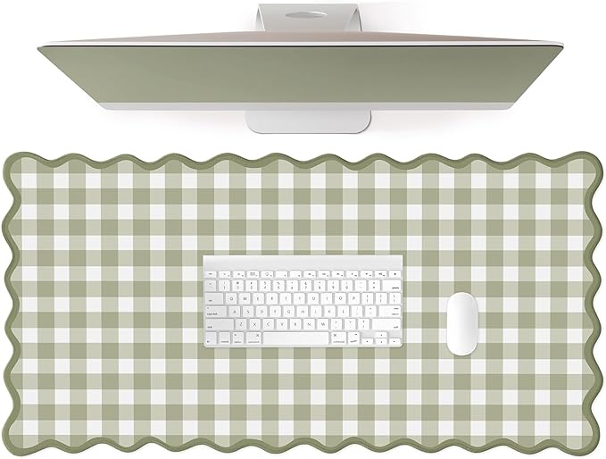 Scalloped‌ Green Checkered Desk Mat Cute Pastel Large Gaming Mouse Pad Gingham Kawaii Cottagecore ‌Vintage‌ Girly Keyboard Computer Mat Aesthetic Desk Pad Accessories Office Decor for Women