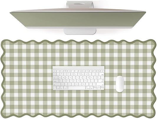 Scalloped‌ Green Checkered Desk Mat Cute Pastel Large Gaming Mouse Pad Gingham Kawaii Cottagecore ‌Vintage‌ Girly Keyboard Computer Mat Aesthetic Desk Pad Accessories Office Decor for Women