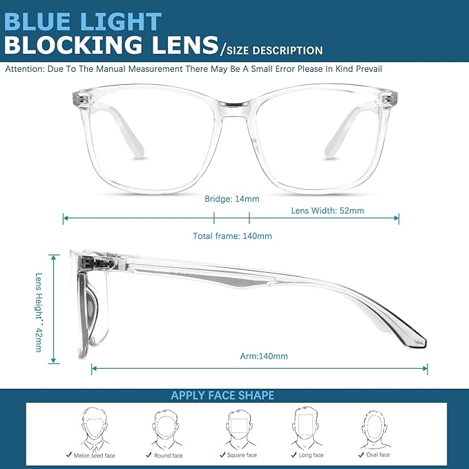 Oilway Blue-Light Blocking Glasses Computer Reading/Gaming/TV/Phones Glasses Fashion Anti Eyestrain Glasses for Women Men（C4 Transparent + Blue）