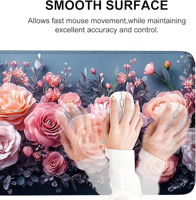 Mouse Pad, Large Anti-Slip with Stitched Edges Desk Mat Desktop Laptop Computer Desk Keyboard Mat,Table Protector Blotter Mat (Pink Flower, 31.5" x 11.8")