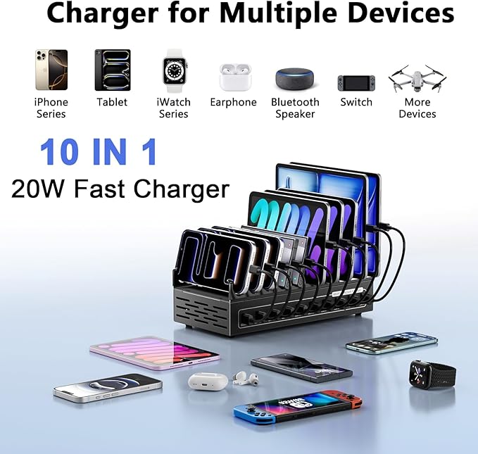 200W USB Charging Station for Multiple Devices, 10 Ports USB Fast Charger Station,Desktop Multi Charging Station Hub Compatible with Samsung/iPhone/iPad/Google Pixel/Tablets and Other USB Electronics