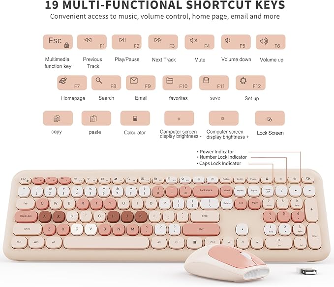 Wireless Keyboard and Mouse Combo, Colorful Ergonomic Full Size Retro Low-Noise Keyboard with Cute keycaps, Compatible with Windows, PC, Perfer for Home and Office Keyboards (Brown)