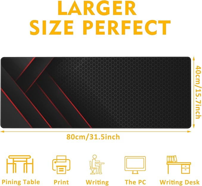 Gaming Desk Pad, Black Red Honeycomb Technology, 31.5"X15.7" Extended Mat with Stitched Edge Non-Slip Base for Office, Keyboard, Laptop