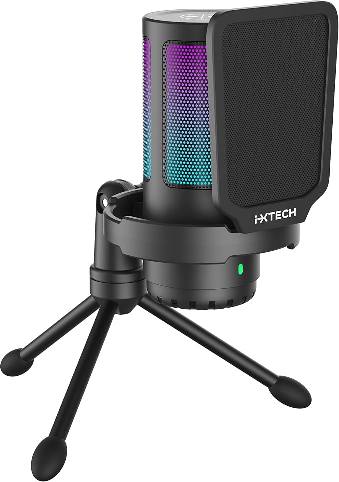 IXTECH USB Gaming Microphone for PC, RGB Condenser Microphone with Tripod Stand, Pop Filter, Rotate Gain Button, and Quick Mute, Noise Cancellation Computer Mic for Streaming, Gaming, Podcasting