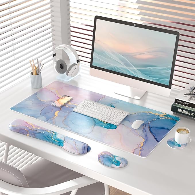 QIYI Leather Desk Mat Set, 4-in-1 Large Mouse Pad with Wrist Rest, Non-Slip Desk Pad + Keyboard Wrist Rest + Mouse Wrist Support + Coaster, Office Desk Accessories Home Decor Supplies, Blue Pink Fluid