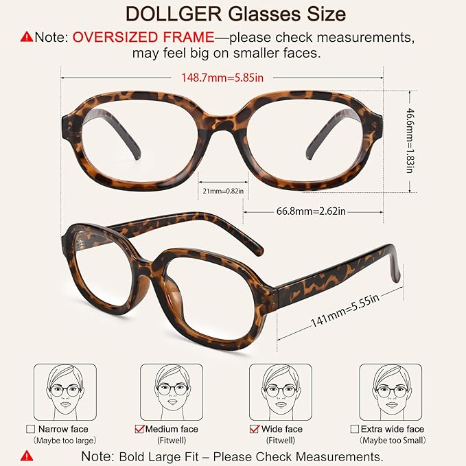 Dollger Blue Light Glasses for Women Oversized Oval Fashion Computer Glasses Retro Chunky Frame Clear Lens