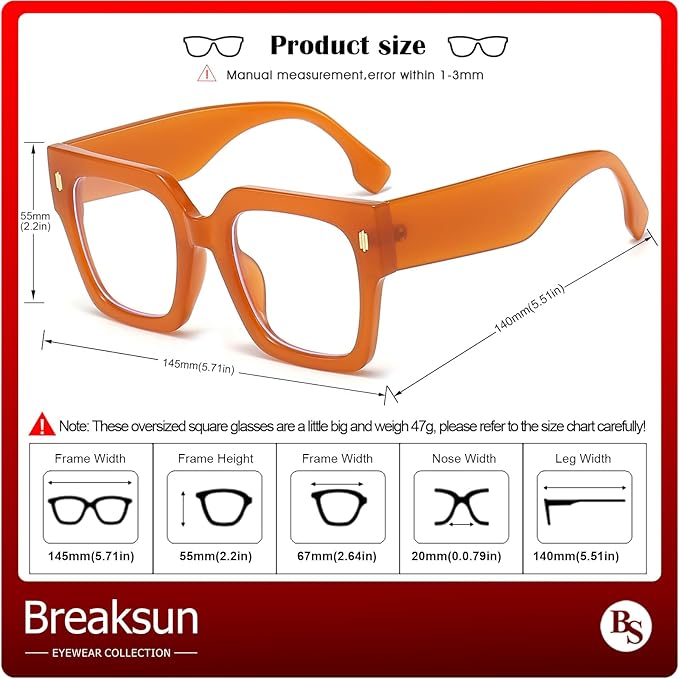 Breaksun Fashion Oversized Blue Light Blocking Glasses for Women Men Trendy Big Square Frame Computer Eyeglasses