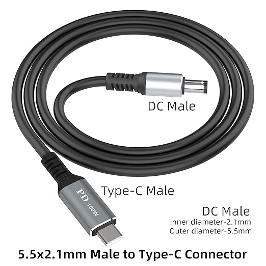 USB C to DC 5.5mm x 2.1mm Power Charging Cord for Laptop (5521), 20V USB Type C Male Input to DC 5.5 x 2.1mm Male Power Charging Cable up to 100W, Work with PD Charger and PD Power Bank (1.7ft)