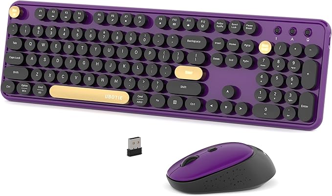 Colorful Wireless Computer Keyboards Mouse Combos, UBOTIE Polychrome Round Keycaps Retro PC Keyboards 2.4GHz Radio Frequency Connection with Optical Mouse(Black Purple)
