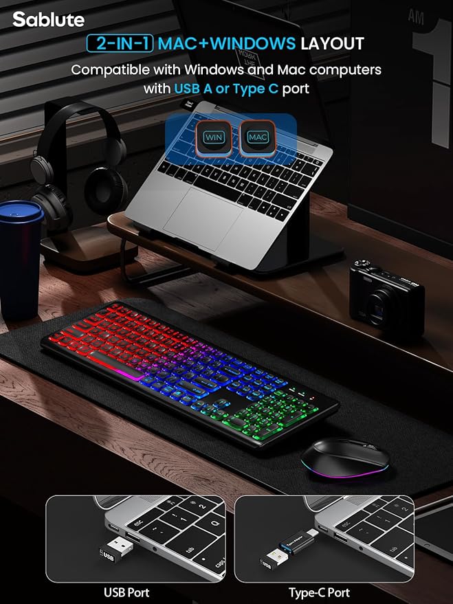 SABLUTE Wireless Keyboard and Mouse Backlit, Quiet Light Up Keys, Tilt Legs, Sleep Mode - Rechargeable USB Cordless Combo for Computer, iMac, PC, Laptop (Black)