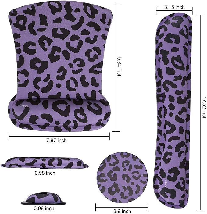 MOSISO Wrist Rest Support for Mouse Pad&Keyboard Set, Leopard Grain Ergonomic Mousepad&Coaster Non-Slip Base Home/Office Pain Relief&Easy Typing Cushion with Neoprene Cloth&Raised Memory Foam, Purple