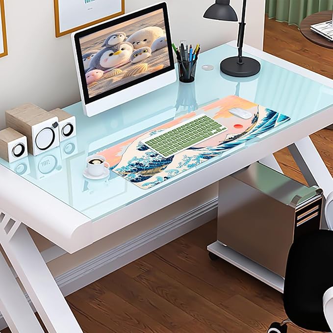Japanese Mouse Pad,Large Gaming Mousepads for Desk, Summer Sea Wave Keyboard Pad,Non-Slip Rubber Base Mouse Mat for School,Office,Home 31.5 x 11.8 Inch