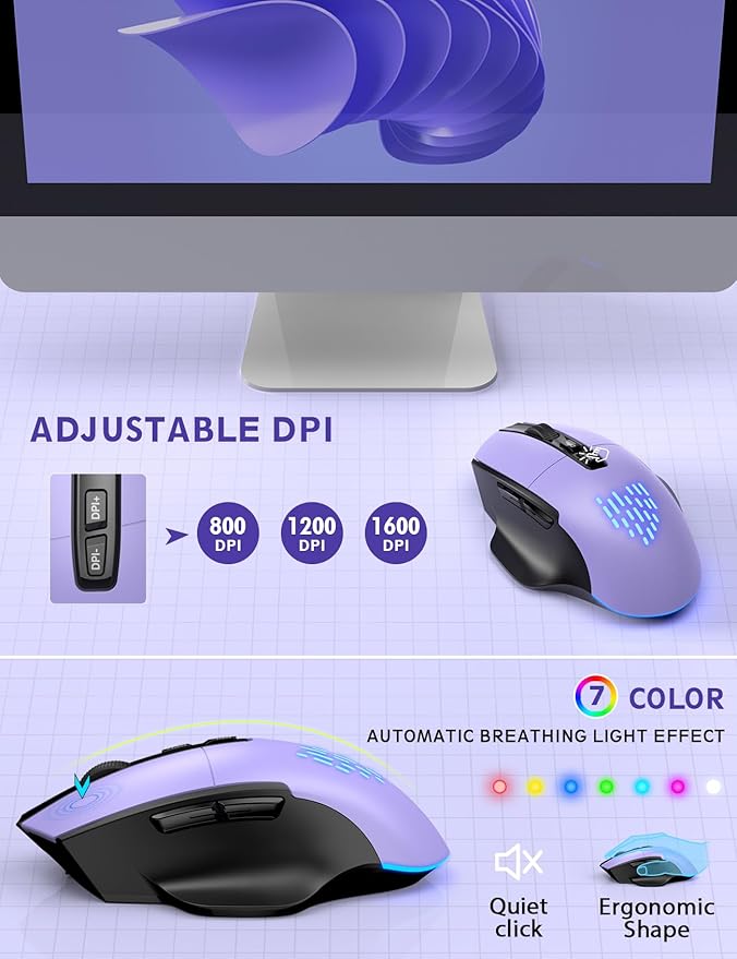 Wireless Keyboard and Mouse Backlits, Wrist Rest, LED Mouse, Rechargeable Ergonomic Keyboard with Phone Holder, Silent Light Up Combo for Computer, Mac, PC, Laptop, Chromebook (Purple)