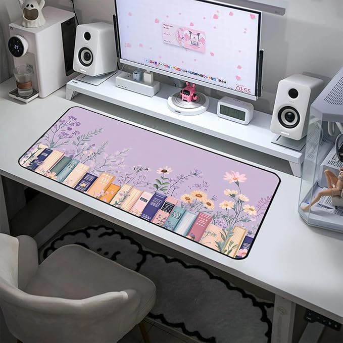 Purple Book Desk Pad Mat XXL, Lavender Flower Large Mousepad, Game Desk Mat, Extended Laptop Keyboard Mats, Cute Desktop Protection Pad, Women's Home Office Desk Decoration 31.5"X15.7"