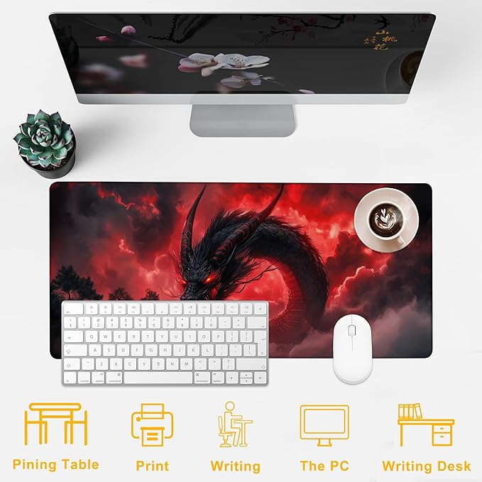 Desk Mat Red Black Dragon Desk Pad for Keyboard and Mouse, Large Big Gaming Mouse Pad with Stitched Edges for Work Game, 35.43 x 15.75 in