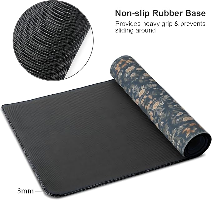 Floral Aesthetic Wildflower Gaming Mouse Pad, Blue Pink Rug Desk Mat with Anti-Slip Base & Stitched Edges, Office & Home Desk Decor for Women, 35.4" x 15.7" in Computer Desktop Mat