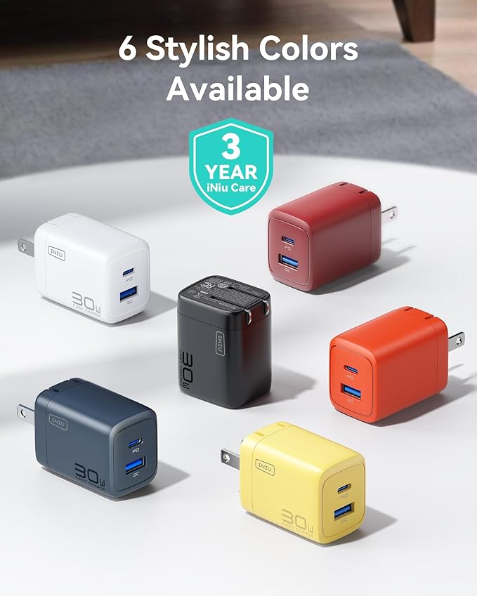 INIU USB C Charger Block, 30W 2-Pack PD Fast Charging, USB C + USB A iPhone 17 Charger with Foldable Plug, GaN Tech Type C Power Adapter for iPhone 17 16, IPad Air, Samsung S25, Family, Camping, Blue