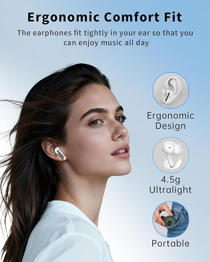Wireless Earbuds, Bluetooth 5.4 Headphones with 50H Playback, Deep Bass Stereo Ear Buds Clear Calls with LED Power Display, Light Green