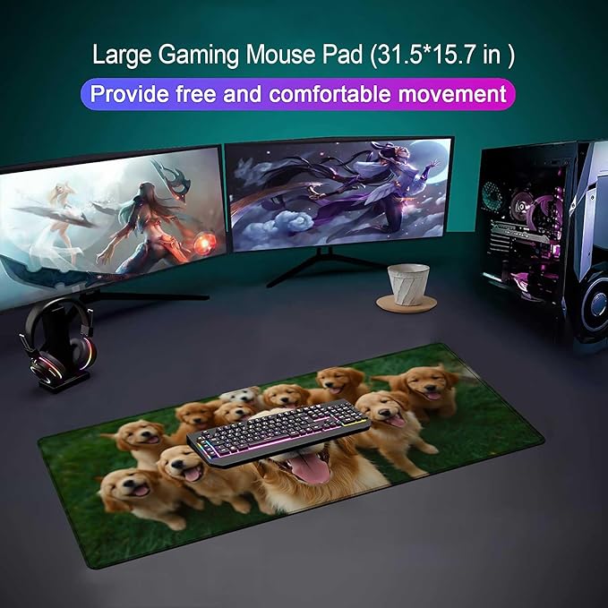 Large Golden Retriever Mouse Pads for Desk, Cute Dog Extended Gaming Mouse Pad with Stitched Edges,Non-Slip Natural Rubber Base,Waterproof Computer Mouse Pad Keyboard Mat