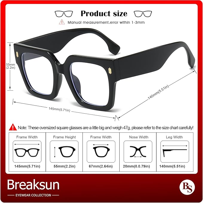 Breaksun Fashion Oversized Blue Light Blocking Glasses for Women Men Trendy Big Square Frame Computer Eyeglasses