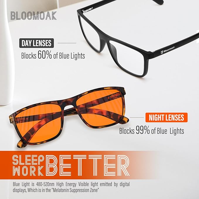 Bloomoak 100% Red Lens Blue Green Light Blocking Glasses- Dual AR Coatings Sleep Glasses Before Bed - Anti Glare, Fatigue