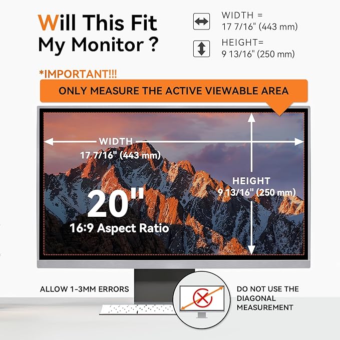[2 Pack] 20 Inch Computer Privacy Screen for 16:9 Aspect Ratio Widescreen Monitor, Eye Protection Anti Glare Blue Light Computer Monitor Privacy Filter, Removable Anti-Scratch 20in Protector Film