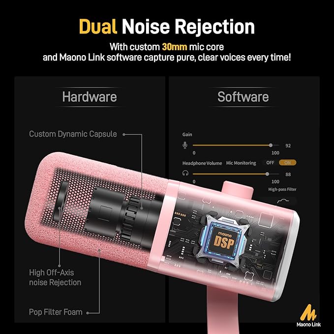 MAONO XLR/USB Gaming Microphone for PC, Dynamic Computer Mic for Streaming Podcasting, Noise Reduction, Mute, Volume Control, RGB Boom Mic for Vocal Recording,Voice-Over, PD100XS Pink
