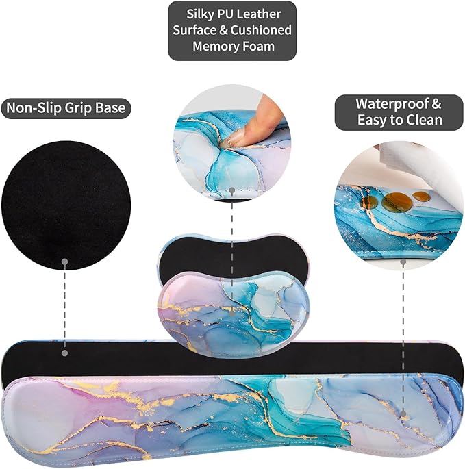 QIYI Leather Desk Mat Set, 4-in-1 Large Mouse Pad with Wrist Rest, Non-Slip Desk Pad + Keyboard Wrist Rest + Mouse Wrist Support + Coaster, Office Desk Accessories Home Decor Supplies, Blue Pink Fluid