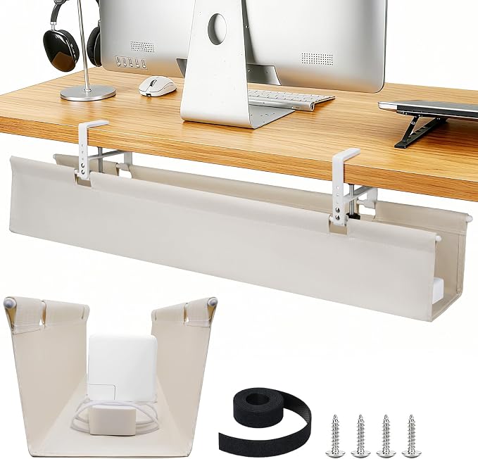 SHUWEI 36" Under Desk Cable Management Tray, Premium Fabric Cable Management for Desk, Clamp/Screw Mount Cable Tray for Office and Home (White, 36" L) by SHUWEI