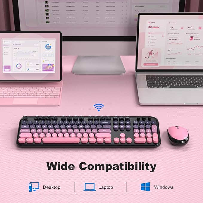 Wireless Keyboard Mouse Combo, Typewriter Full Size Keyboard with Number Pad and 2 in 1 USB Connected Mouse for PC Computer Laptop Desktop Windows 7 8 10 11 (Berry Pink)