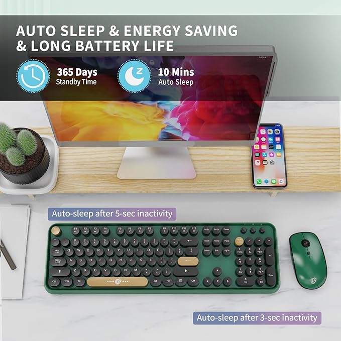 FOPETT Wireless Keyboard and Mouse Combo, 104 Keys Full-Sized 2.4 GHz Round Keycap Colorful Keyboards, USB Receiver Plug and Play, for Windows, Mac, PC, Laptop, Desktop (Black Green)