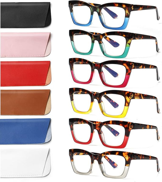 6 Pack Reading Glasses for Women Blue Light Blocking Computer Square Readers with Spring Hinge (Mix Color-1, 0.75, x)